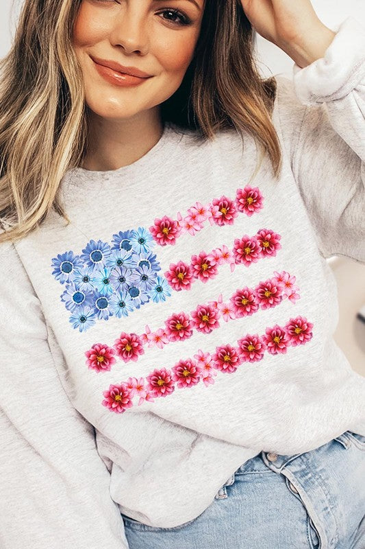 Flower USA Flag Graphic Fleece Sweatshirt - RARA Boutique 