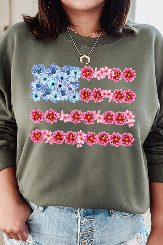 Flower USA Flag Graphic Fleece Sweatshirt - RARA Boutique 