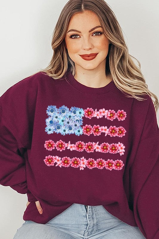 Flower USA Flag Graphic Fleece Sweatshirt - RARA Boutique 