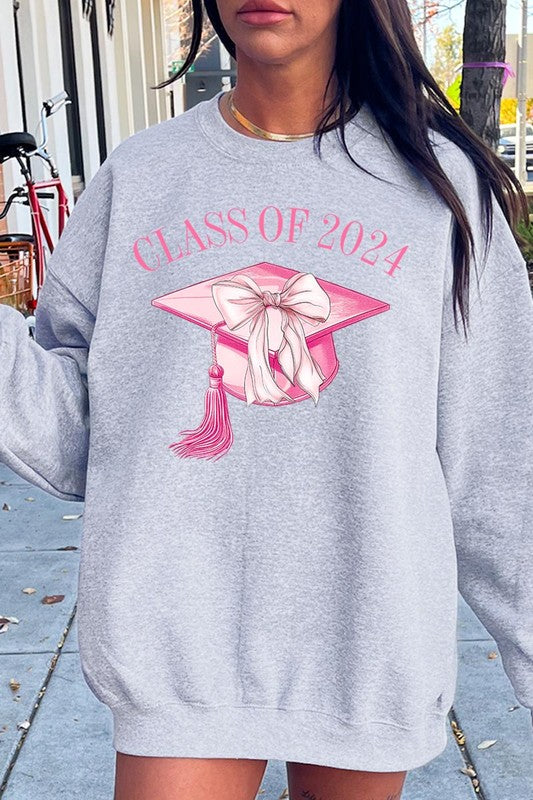 Coquette Class of 2024 Graduation Cap & Bow Graphic Fleece Sweatshirt - RARA Boutique 