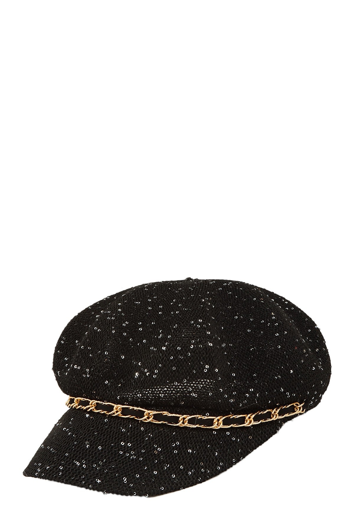 RARA Boutique chain brim straw beret hat with sequins, stylish headwear featuring a woven straw design and decorative embellishments