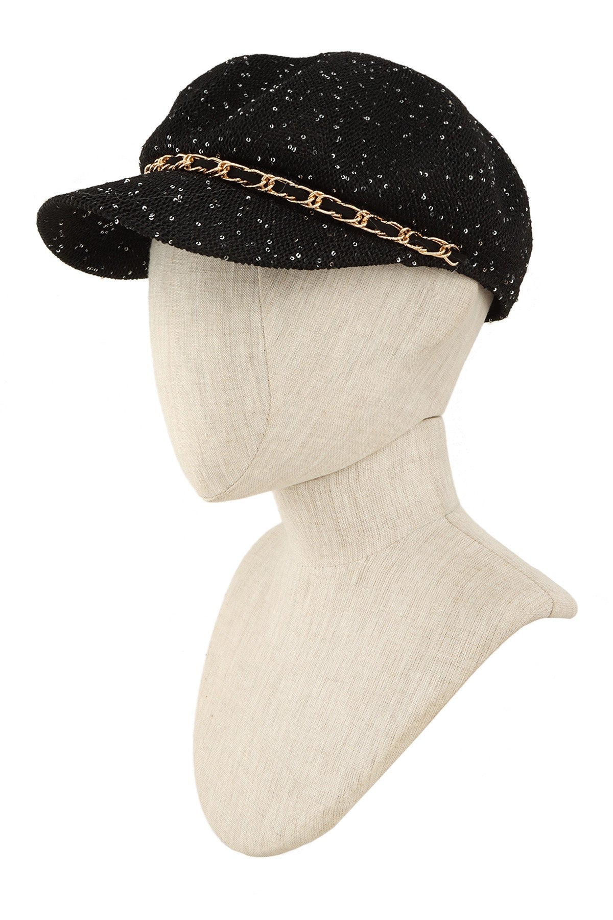 Chain brim straw beret hat with sequins from RARA Boutique, featuring a woven straw texture and decorative chain trim.