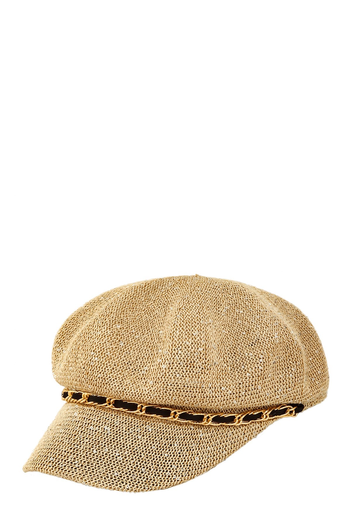RARA Boutique chain brim straw beret hat with sequins, featuring a stylish wide brim and decorative chain detail.