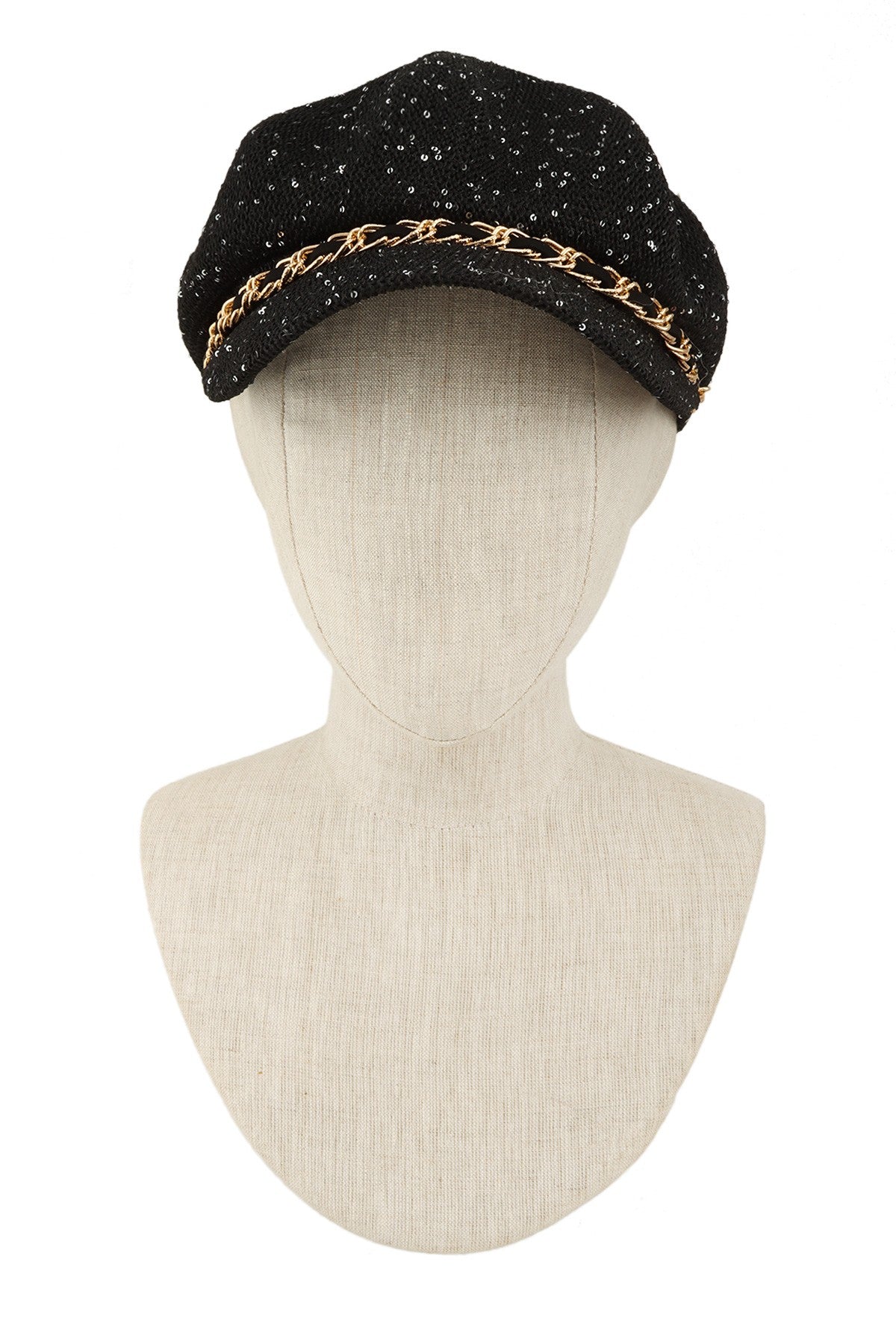 Chain brim straw beret hat with sequins from RARA Boutique, featuring a stylish woven straw design and decorative chain detail.