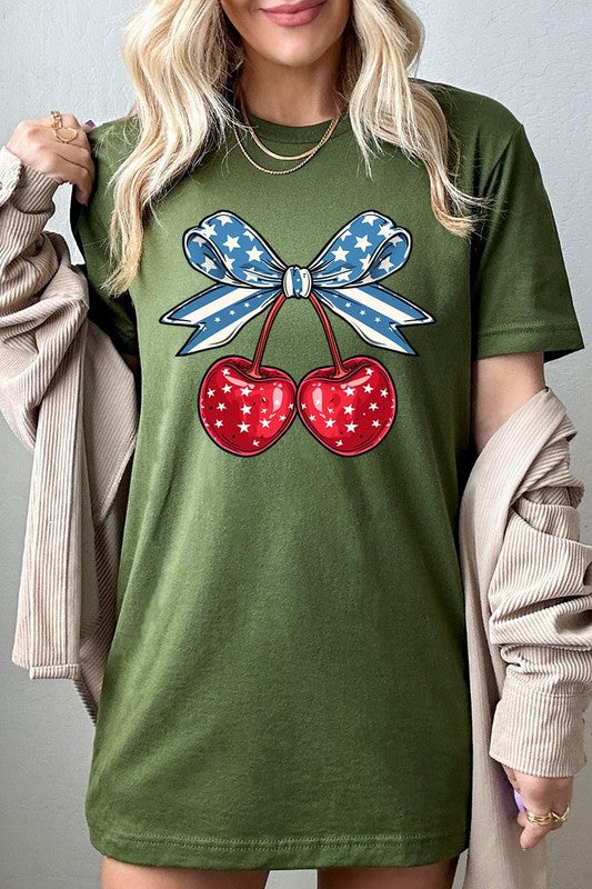 Cherry Coquette USA Bow Graphic T Shirt - RARA Boutique 