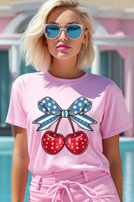 Cherry Coquette USA Bow Graphic T Shirt - RARA Boutique 