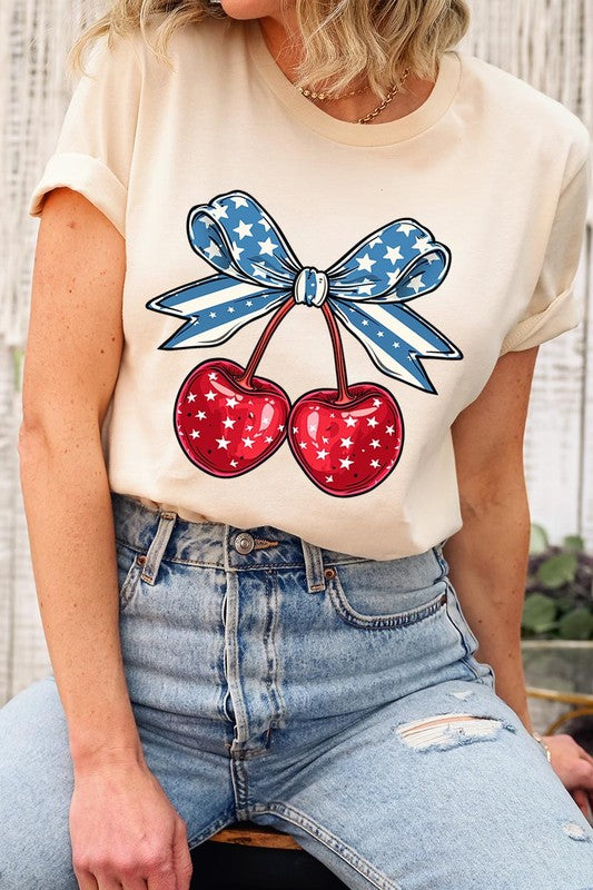 Cherry Coquette USA Bow Graphic T Shirt - RARA Boutique 