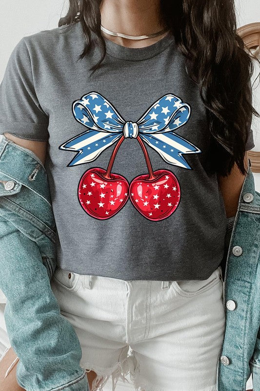 Cherry Coquette USA Bow Graphic T Shirt - RARA Boutique 