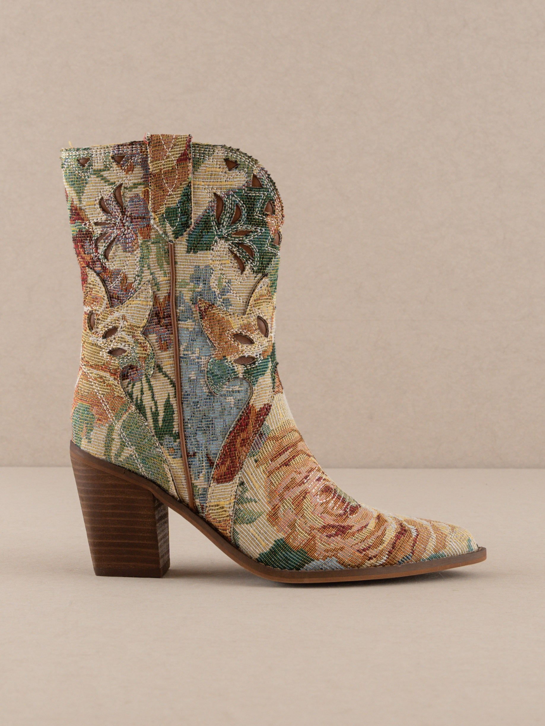 Paneled Floral Jacquard Tapestry Western Boots - Oasis Society - RARA Boutique 