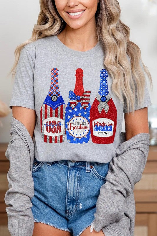 Faux Glitter Patriotic Champagne Graphic T Shirt - RARA Boutique 