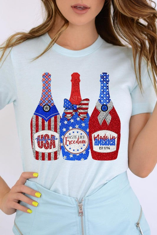 Faux Glitter Patriotic Champagne Graphic T Shirt - RARA Boutique 