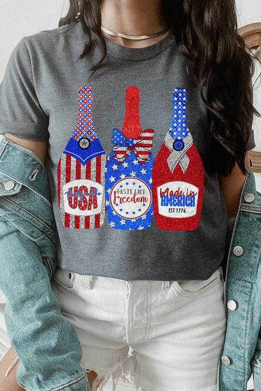 Faux Glitter Patriotic Champagne Graphic T Shirt - RARA Boutique 