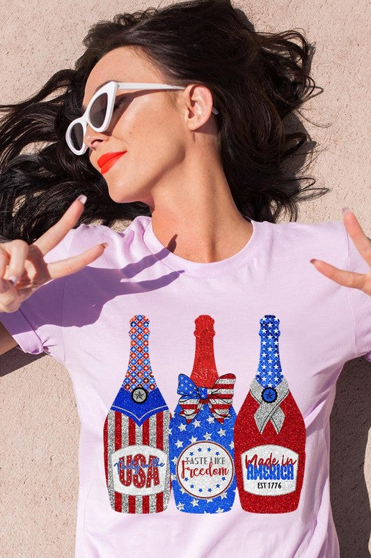 Faux Glitter Patriotic Champagne Graphic T Shirt - RARA Boutique 