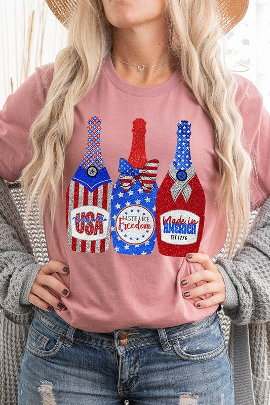 Faux Glitter Patriotic Champagne Graphic T Shirt - RARA Boutique 