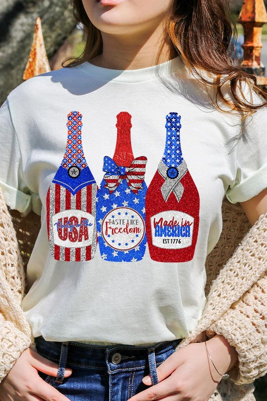 Faux Glitter Patriotic Champagne Graphic T Shirt - RARA Boutique 