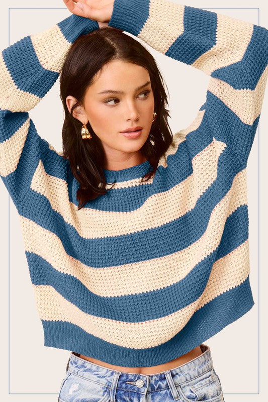 Striped Round Neck Loose Fit Sweater - RARA Boutique 