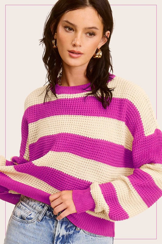 Striped Round Neck Loose Fit Sweater - RARA Boutique 