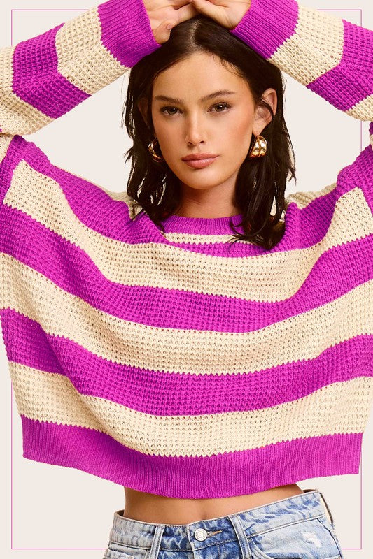 Striped Round Neck Loose Fit Sweater - RARA Boutique 