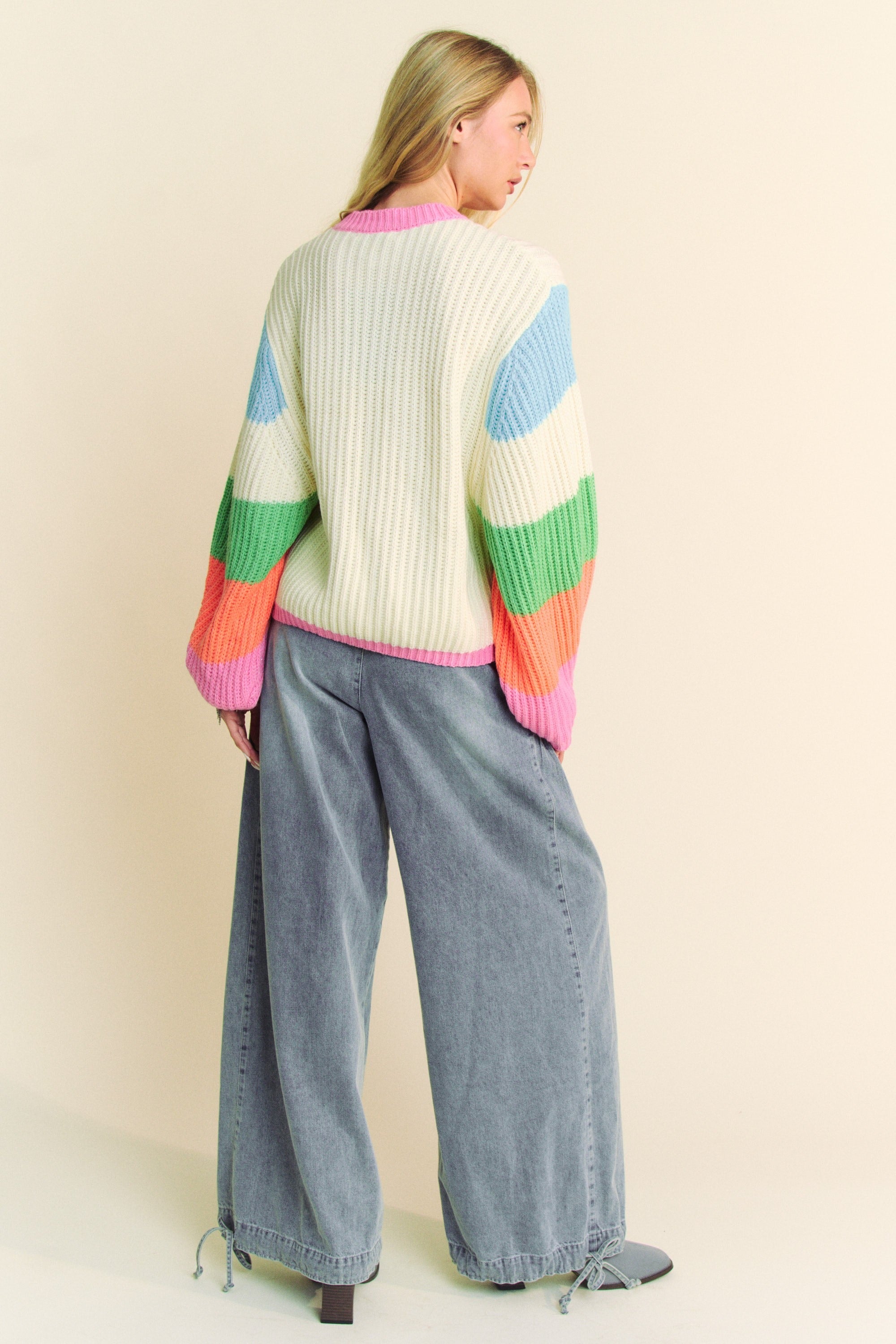 Multicolor Striped Peace Sign Balloon Sleeve Sweater - Davi & Dani - RARA Boutique 