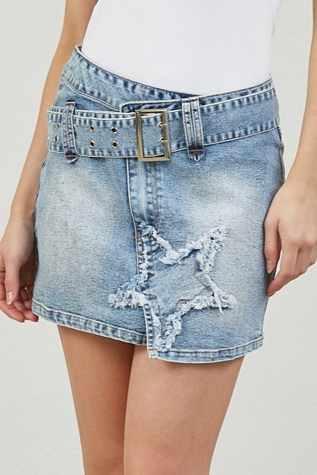 Star Patch Asymmetrical Denim Mini Skirt with Belt - RARA Boutique 