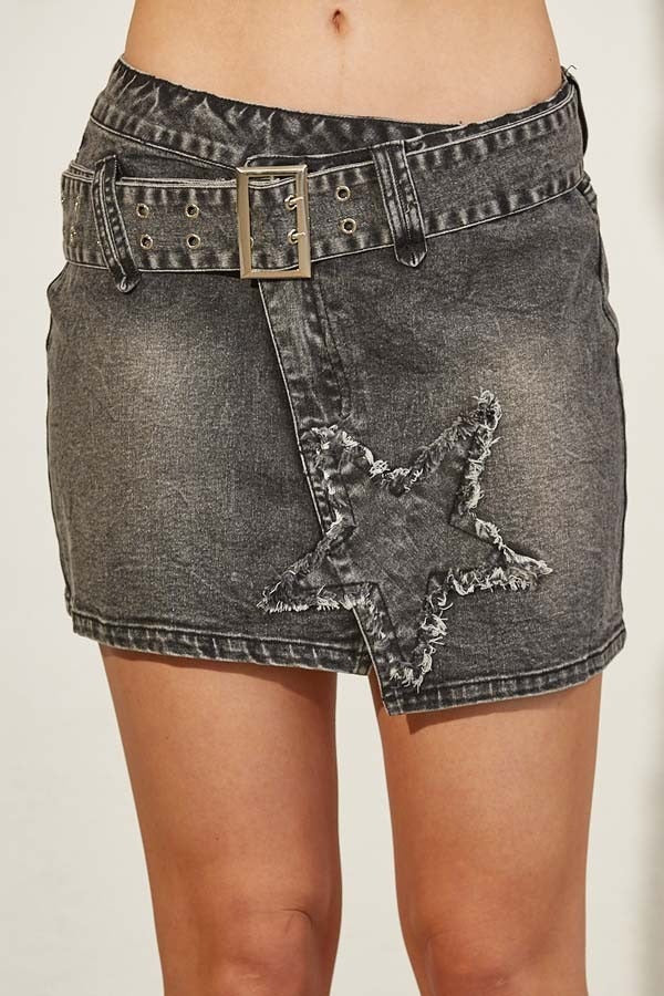 Star Patch Asymmetrical Denim Mini Skirt with Belt - RARA Boutique 