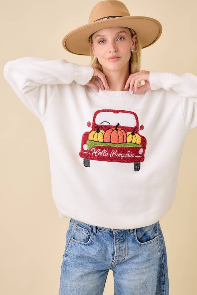 Textured Pumpkin Patch Truck Embroidered Patchwork Sweater - Main Strip - RARA Boutique 