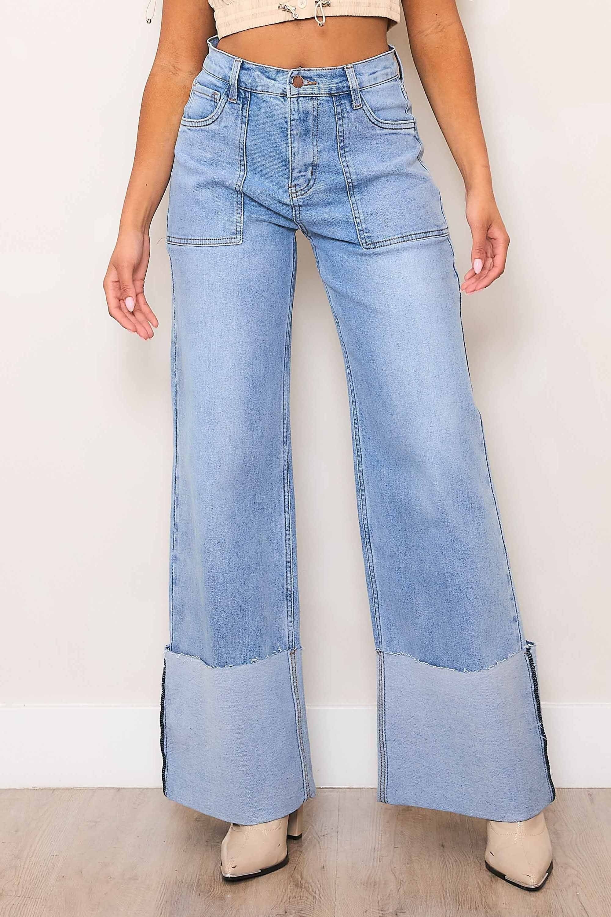 High Rise Wide Leg Patch Pocket Cuffed Jeans - Vibrant M.i.U - RARA Boutique 