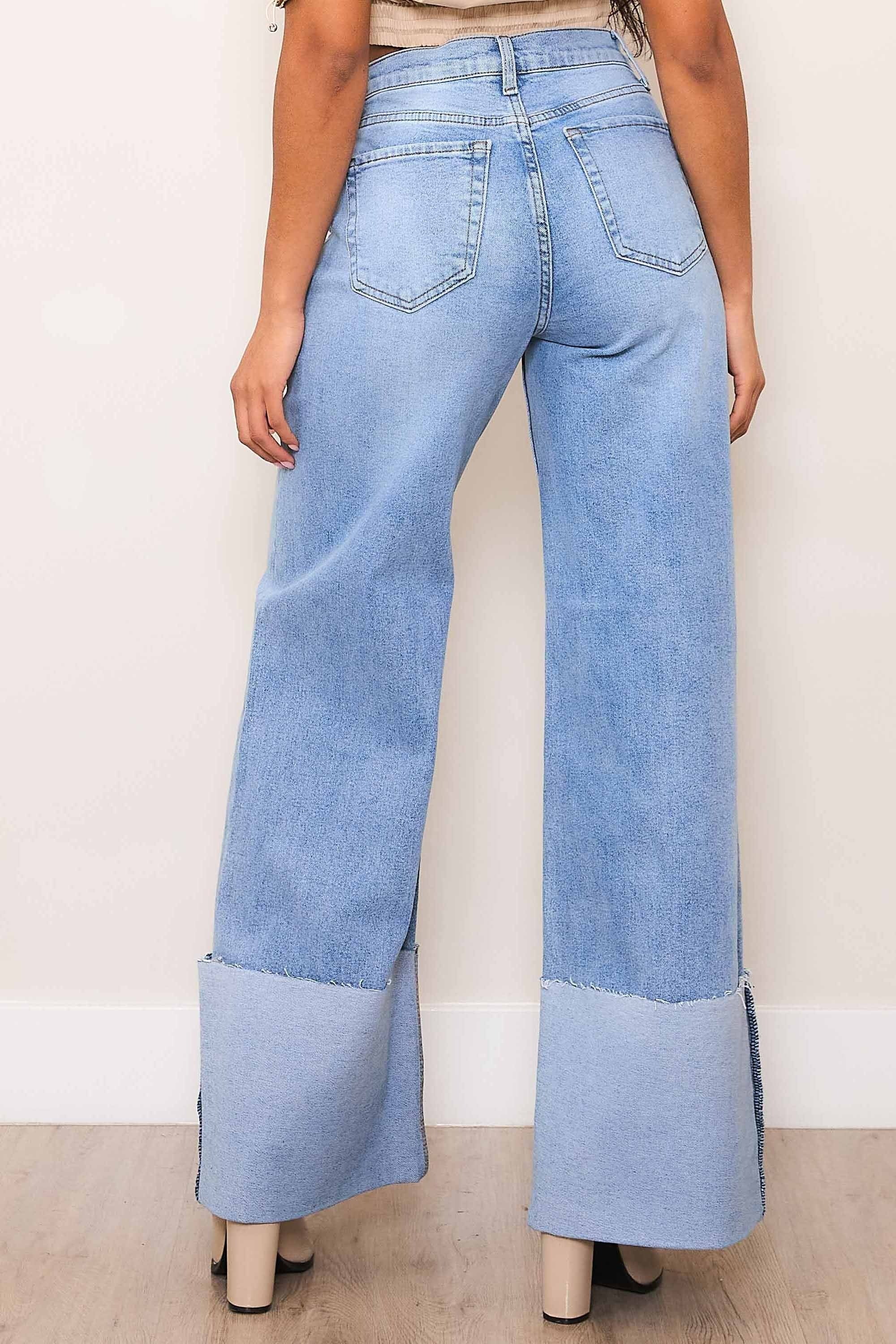 High Rise Wide Leg Patch Pocket Cuffed Jeans - Vibrant M.i.U - RARA Boutique 