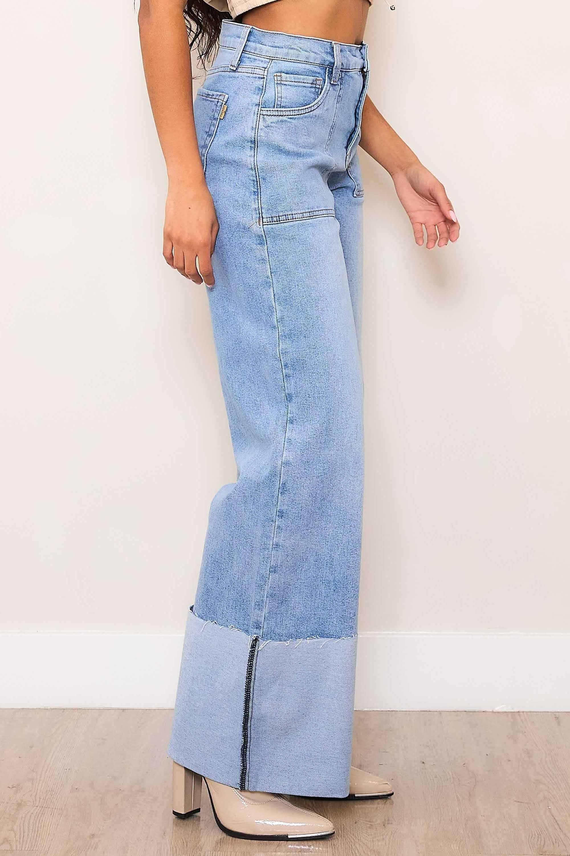 High Rise Wide Leg Patch Pocket Cuffed Jeans - Vibrant M.i.U - RARA Boutique 