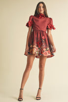 3D Floral Trim High Neck Short Sleeve Mini Dress - EB Luxe - RARA Boutique 