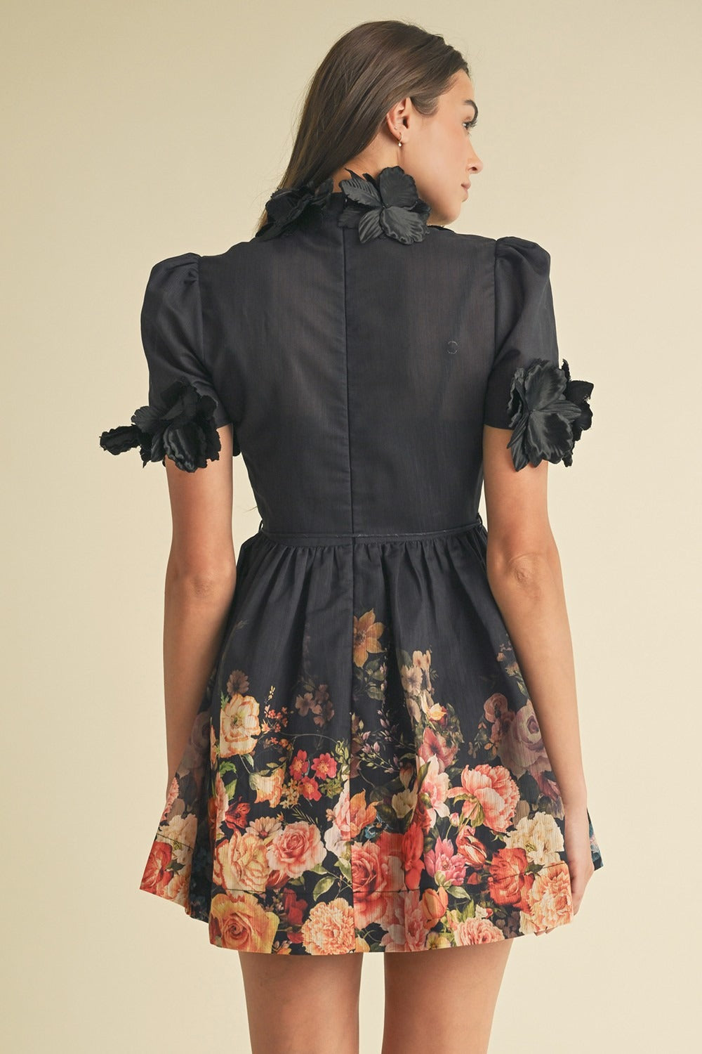 3D Floral Trim High Neck Short Sleeve Mini Dress - EB Luxe - RARA Boutique 