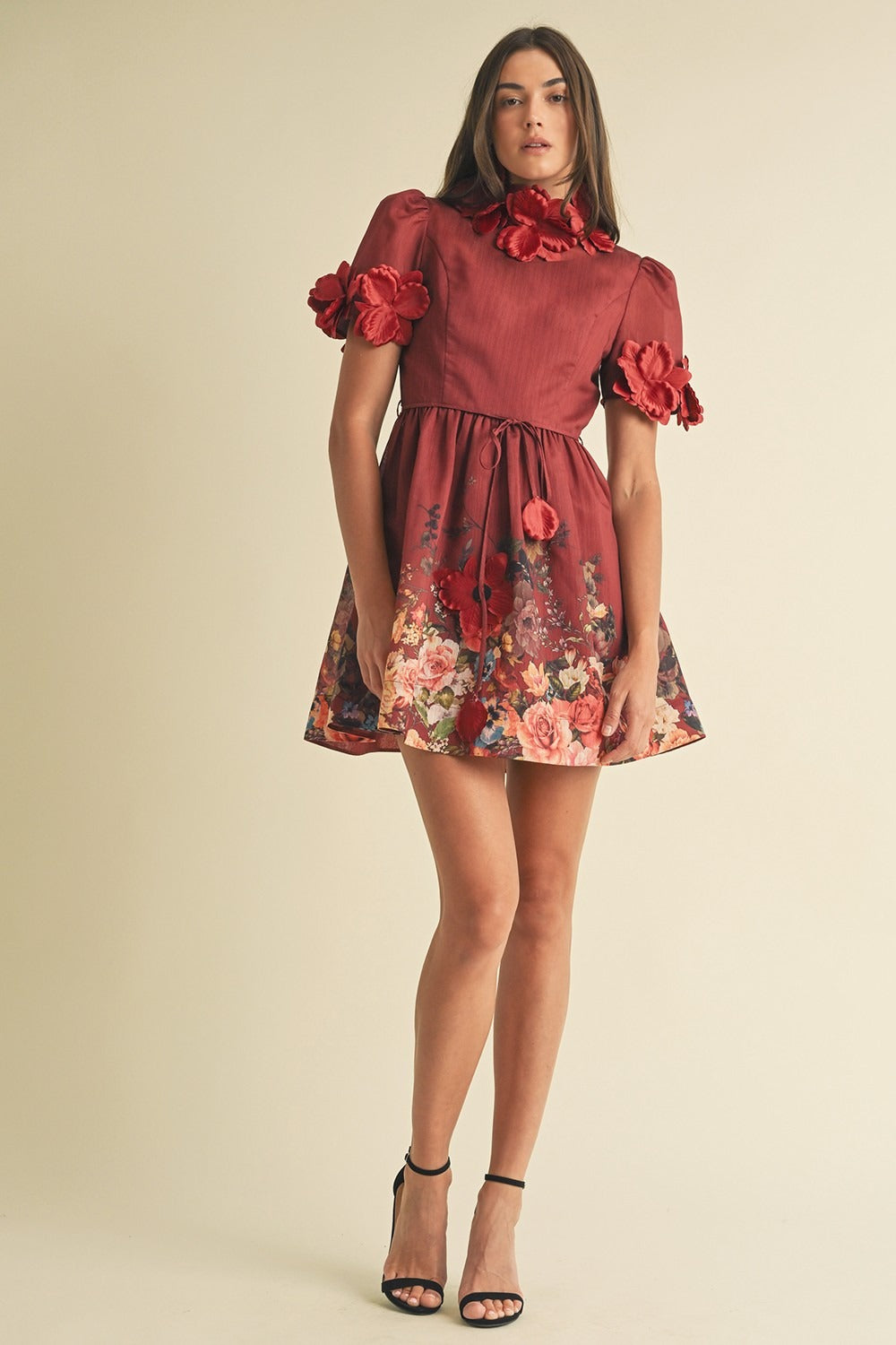 Floral Embellished High-Neck Mini Dress in Red M / Burgundy Floral Embellished High-Neck Mini Dress in Red M / Burgundy