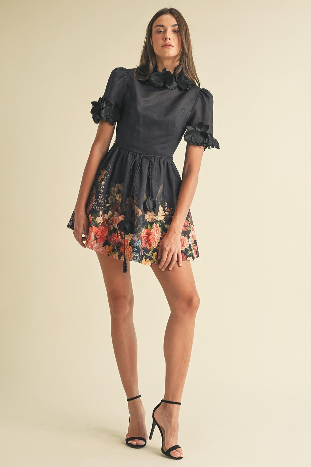 3D Floral Trim High Neck Short Sleeve Mini Dress - EB Luxe - RARA Boutique 