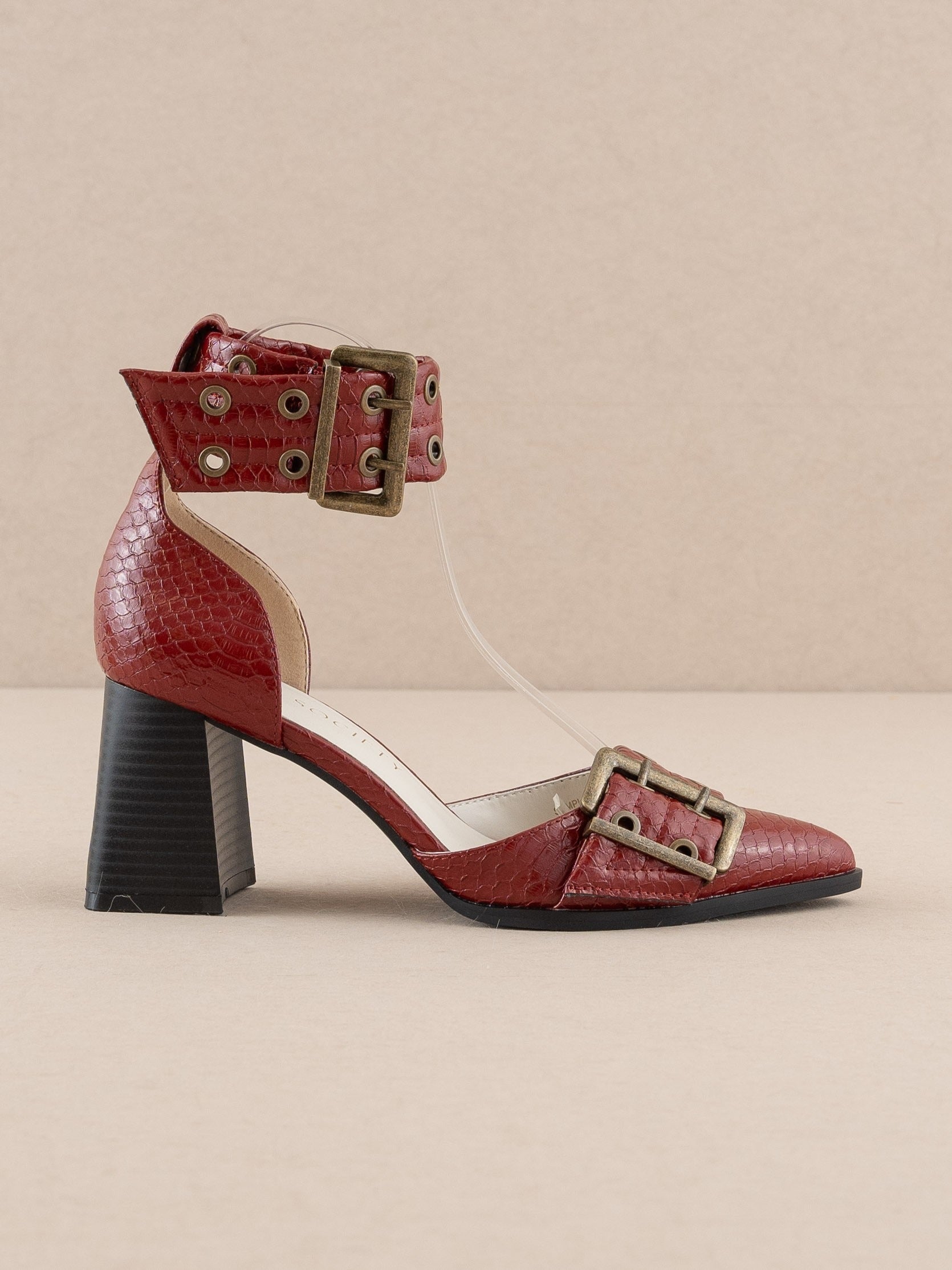 Croc-embossed Double Buckle Pointed Toe Heels - Oasis Society - RARA Boutique 