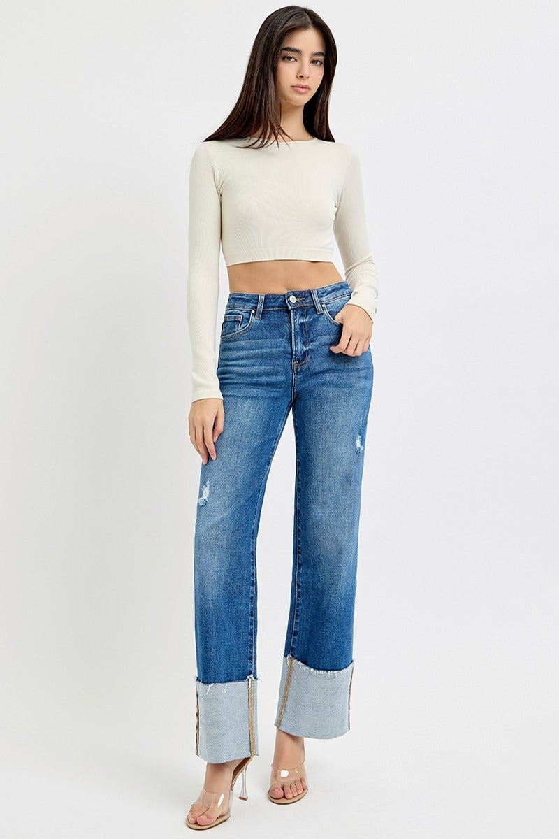 High Rise Wide Leg Wide Cuffed Jeans - Risen - RARA Boutique 