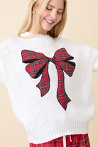 Plaid Ribbon Bow Patch Christmas Sweater - Main Strip - RARA Boutique 