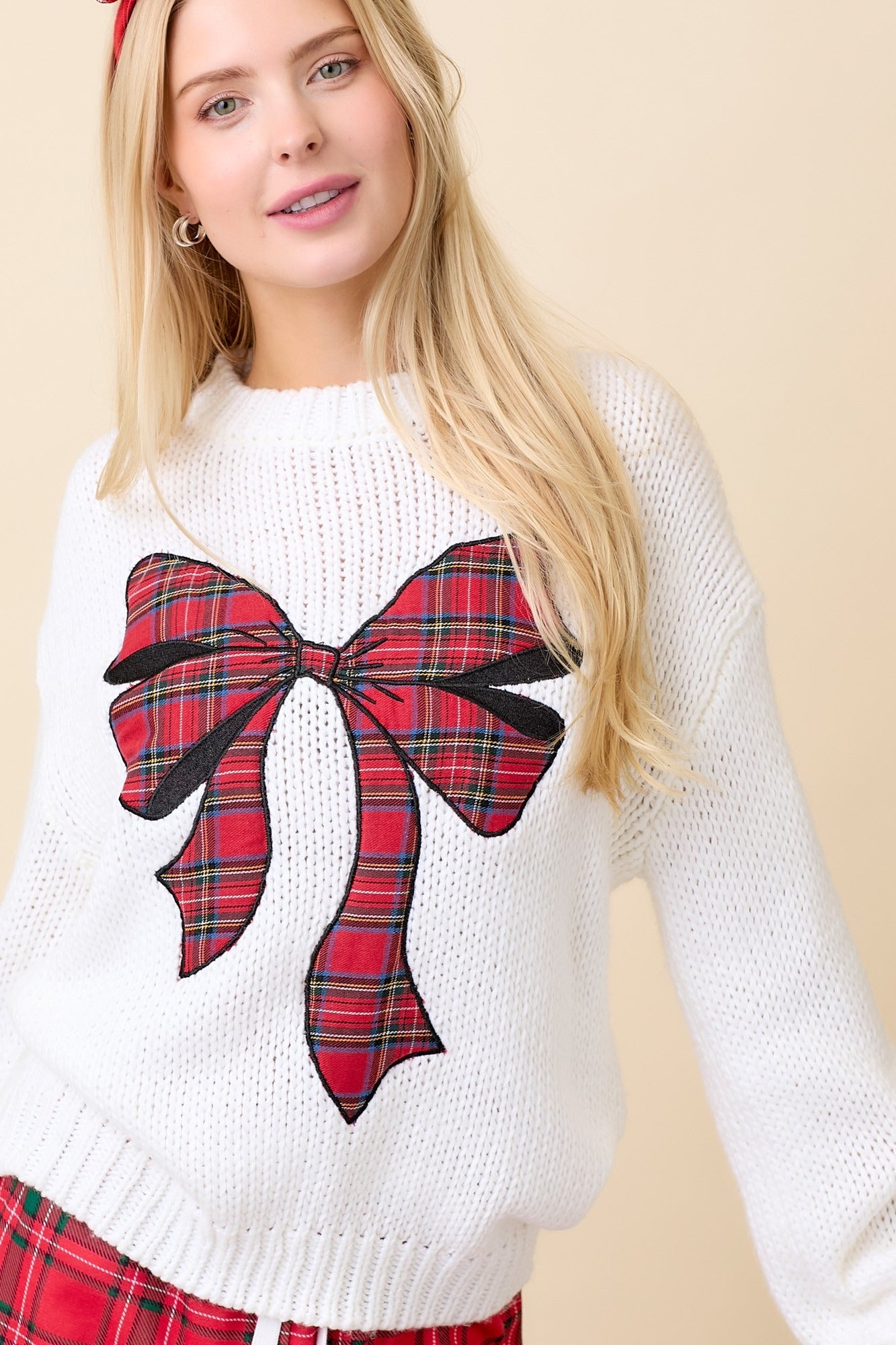 Plaid Ribbon Bow Patch Christmas Sweater - Main Strip - RARA Boutique 