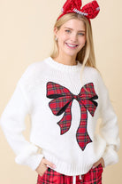 Plaid Ribbon Bow Patch Christmas Sweater - Main Strip - RARA Boutique 