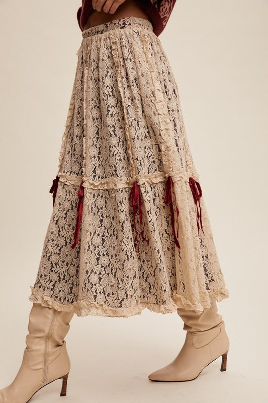 Lace & Velvet Layered Tiered Midi Skirt with Bows - Listicle - RARA Boutique 