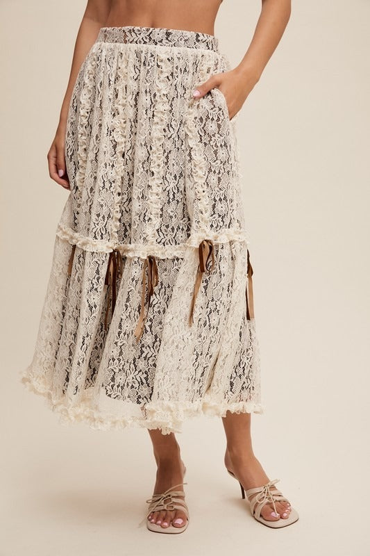 Lace & Velvet Layered Tiered Midi Skirt with Bows - Listicle - RARA Boutique 