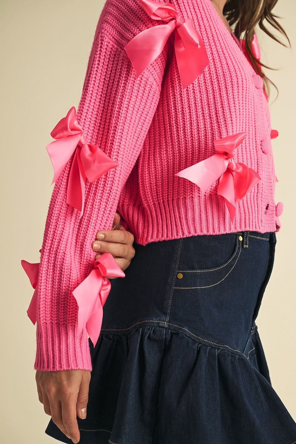 Satin Bow Detail Cropped Cardigan - EB Luxe - RARA Boutique 