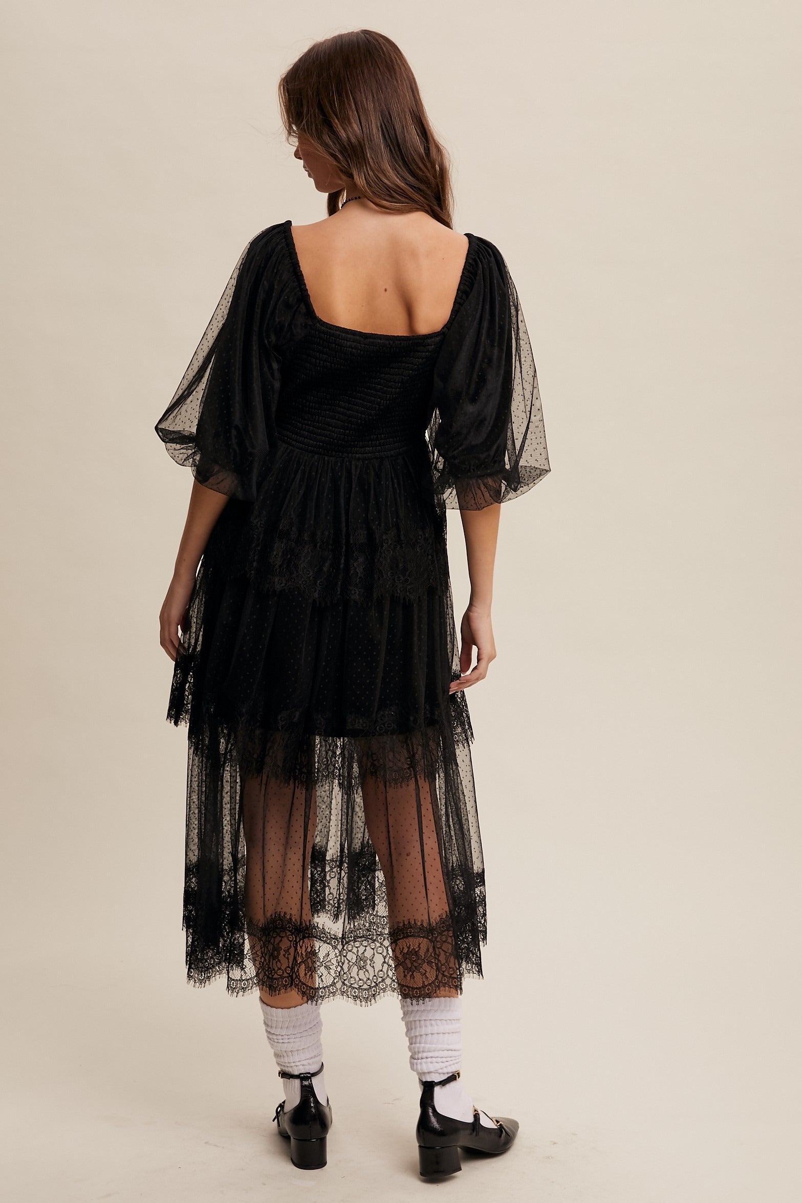 Tiered Lace and Velvet Bustier Midi Dress with Puff Sleeves - Listicle - RARA Boutique 