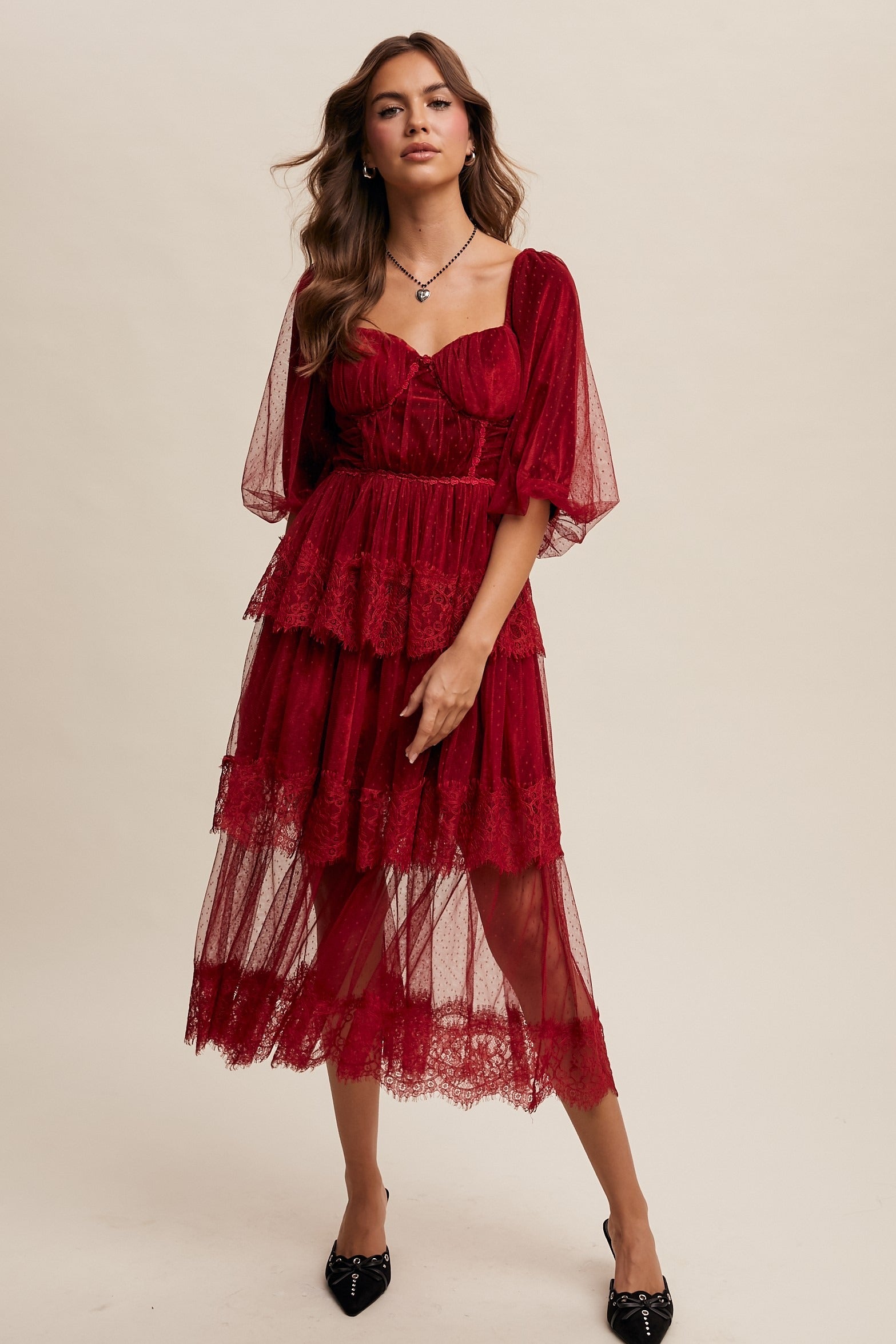 Tiered Lace and Velvet Bustier Midi Dress with Puff Sleeves - Listicle - RARA Boutique 
