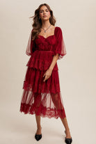 Tiered Lace and Velvet Bustier Midi Dress with Puff Sleeves - Listicle - RARA Boutique 