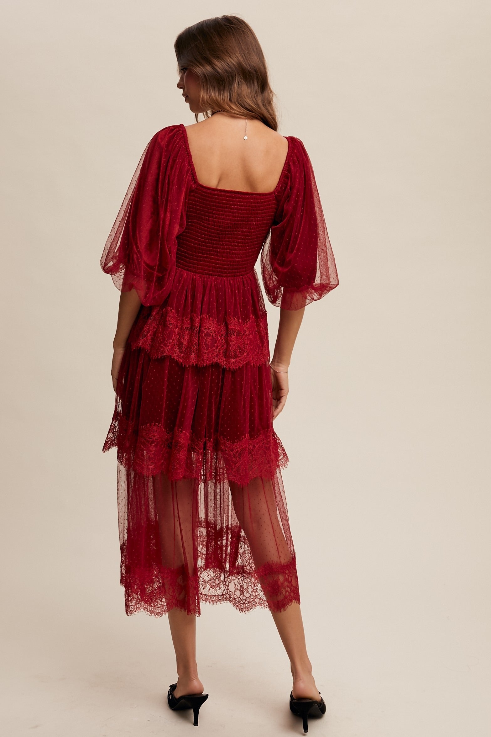 Tiered Lace and Velvet Bustier Midi Dress with Puff Sleeves - Listicle - RARA Boutique 