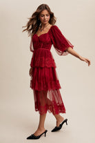 Tiered Lace and Velvet Bustier Midi Dress with Puff Sleeves - Listicle - RARA Boutique 