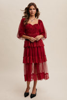 Tiered Lace and Velvet Bustier Midi Dress with Puff Sleeves - Listicle - RARA Boutique 