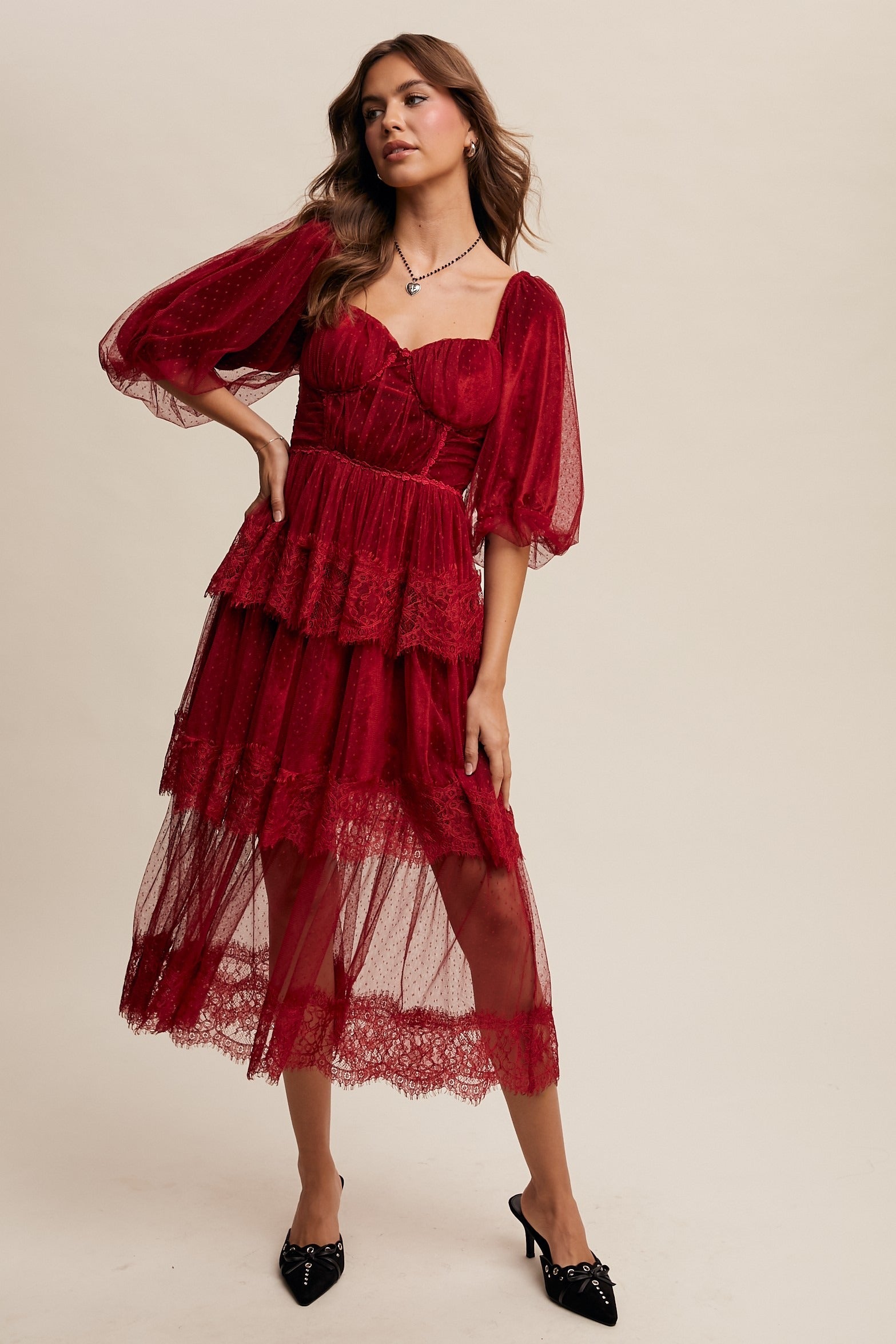 Tiered Lace and Velvet Bustier Midi Dress with Puff Sleeves - Listicle - RARA Boutique 