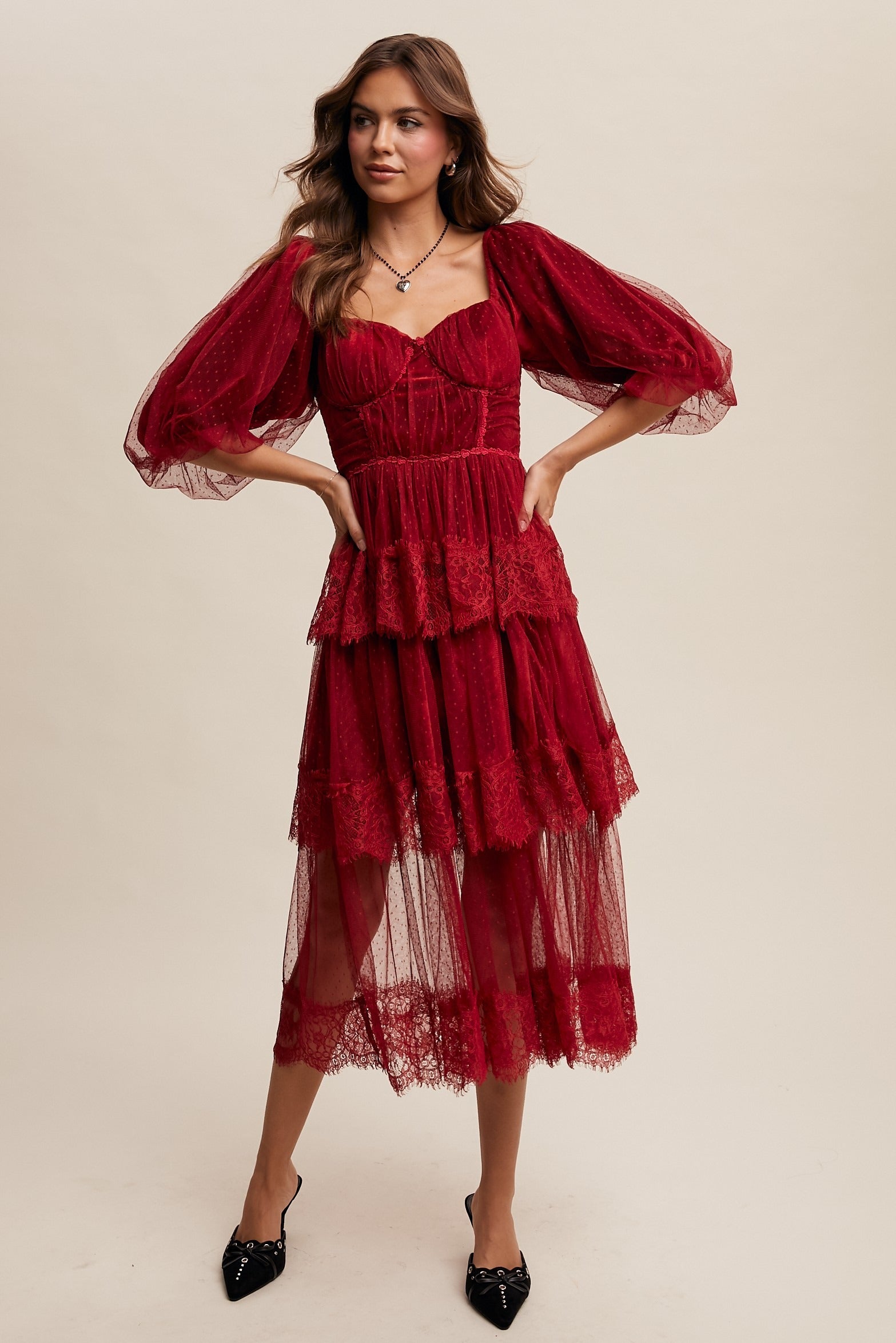 Tiered Lace and Velvet Bustier Midi Dress with Puff Sleeves - Listicle - RARA Boutique 