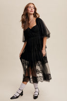 Tiered Lace and Velvet Bustier Midi Dress with Puff Sleeves - Listicle - RARA Boutique 